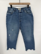 Free People Maggie Straight Leg Jeans Medium Wash Blue Distress Size 31 Capri