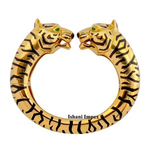 Authentic Tiger Figure Enamel Bangle Emerald 925 Sterling Silver Gold Plated Jewelry