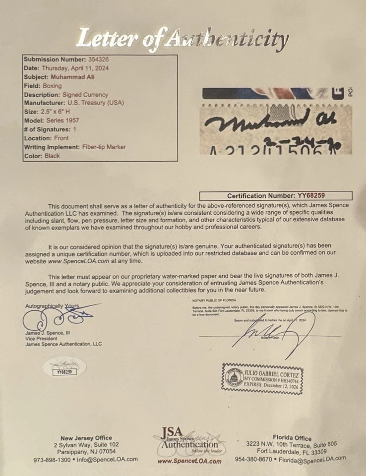 MUHAMMAD ALI Autograph (JSA) Authenticated Old Blue $1 Dollar Bill - Image 4 of 4