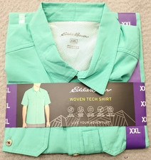Eddie Bauer Fishing Shirt Men XXL Green Woven Tech Vented Short Sleeve Button-Up