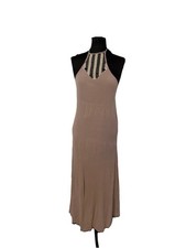 Tobi Sexy Halter Tie Neck Maxi Dress Low Open Back Sz M Tan Lined Textured Boho