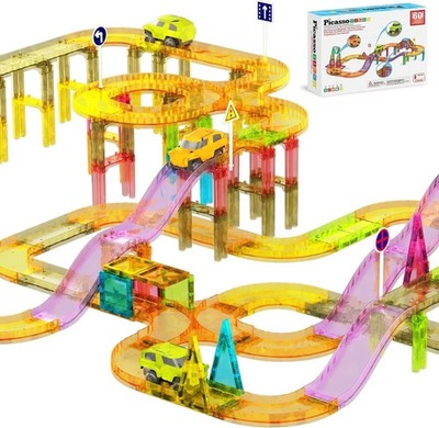 PICASSO-TILES 60PCS Race Track Magnetic Tiles 2 Cars STEM Educational Toy New