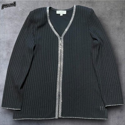 St John Evening Sweater Womens Size 10 Black Crystal Trim Knit Cardigan USA