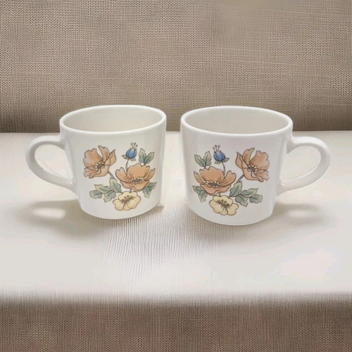 VTG Corning Royal Garden Coffee Mugs 8 Fl Oz Beige Floral Cups Set of 2