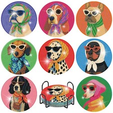 8 Pcs Dog Diamond Painting Coasters Kits with Holder,Dog Wearing Glasses Diam...