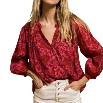 Choklate Paris Size S Saint Tropez Printed Silk Blend Blouse Magenta Red Floral