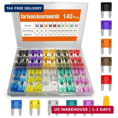 140pcs Mini Fuses Assortment Kit, Automotive Blade Fuses with Puller, Low Profil