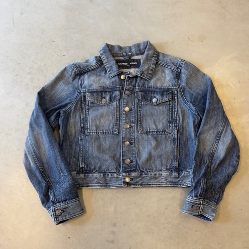 Express Jeans Womens Blue Denim Jacket Button Up Long Sleeve Cropped Size Large