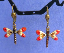 Bright Rhinestone Jeweled Dragonfly Bronze Toned Dangle Hook Earrings 1.4