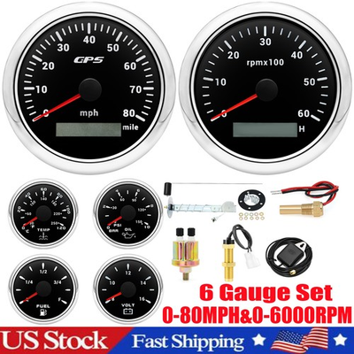 #ad 6 Gauge Set With Sensor 85mm GPS Speedometer 80MPH Tacho 6000RM Waterproof US $155.28