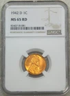 1942-D Lincoln Cent NGC MS65RD Bright Red Superb Luster, PQ New Holder #U226N