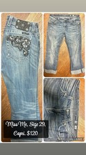 Miss Me Women's Blue Medium Wash Denim Capri Jeans Embroidered Rhinestone