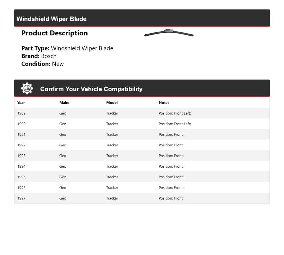 Limpiaparabrisas para Bosch ICON 1989-1997 Geo Tracker 1990 1991 1992 1993 Foto 2 de 3