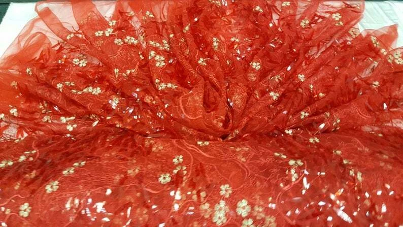 3d Sequin Lace Red Embroidered floral gold flowers long Red Sequin on mesh By Yd - Image 3 of 4