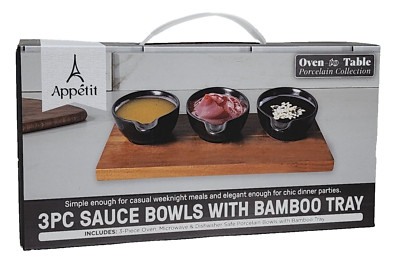 3 Black Porcelain Sauce Bowls With Bamboo Tray ~ Appetit Oven to Table