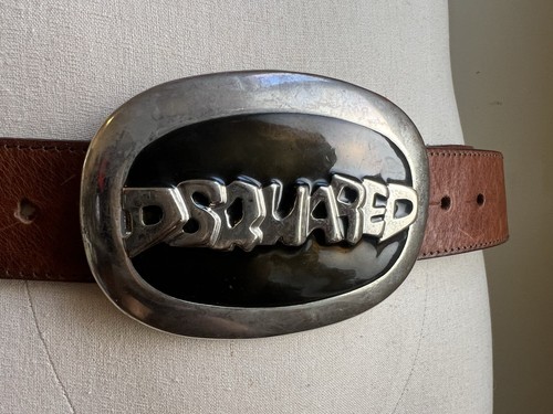 DSQUARED² BROWN LEATHER & HEAVY SIGNATURE LOGO OVAL BLACK ENAMEL BUCKLE BELT XL - Picture 2 of 16