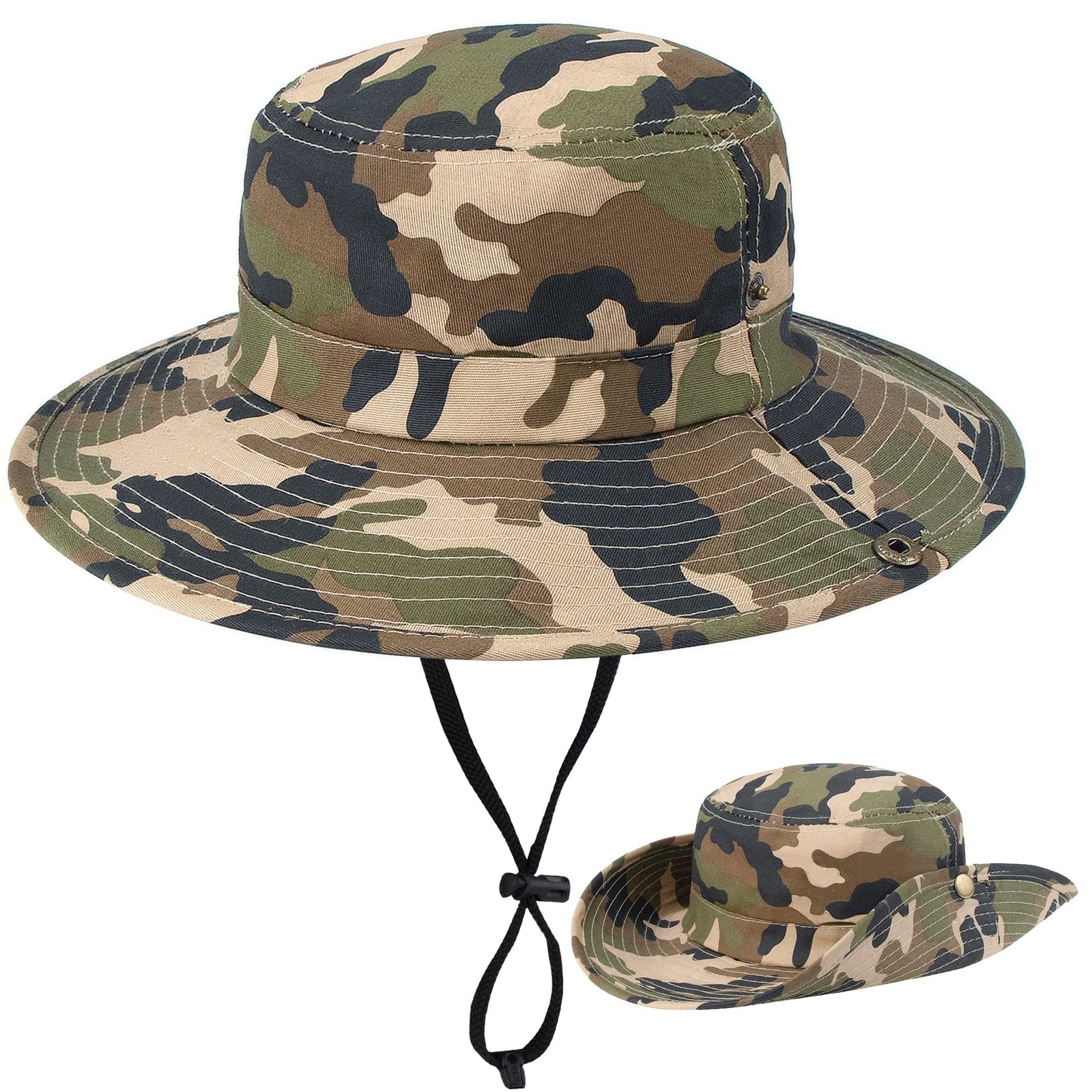 Boys Camouflage Bucket Hat Army-Green Sun Protection Fishing Hat Wide Brim Bo...