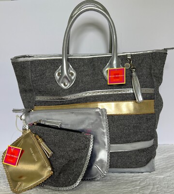 NEW Vintage ISAAC MIZRAHI Target LG TOTE BAG & ACCESSORIES silver gold tweed