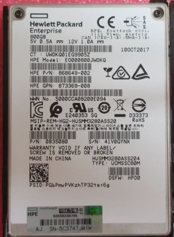 HP 800GB SAS 12G 2.5" Hot-Plug WI Solid State Drive SSD 873564-001 873355-B21 - Image 3 of 4