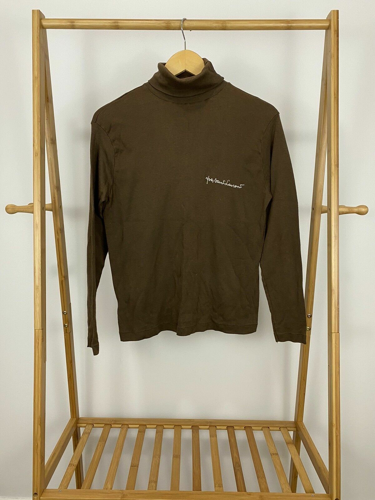 Camicia top vintage YSL Yves Saint Laurent sottile 50 50 marrone collo a tartaruga taglia 42