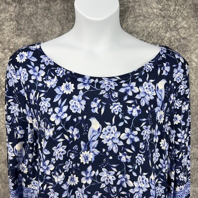 Talbots Sweater Womens 2X Blue Floral Bird Prairie Country Artsy