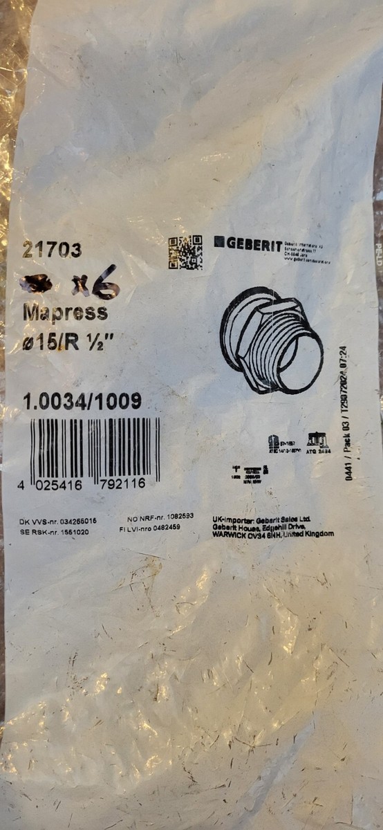 x Geberit Mapress 15mm to 1/2