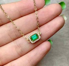 2CT Emerald Cut Halo Green Emerald Diamond Pendant Necklace 14k Yellow Gold FN