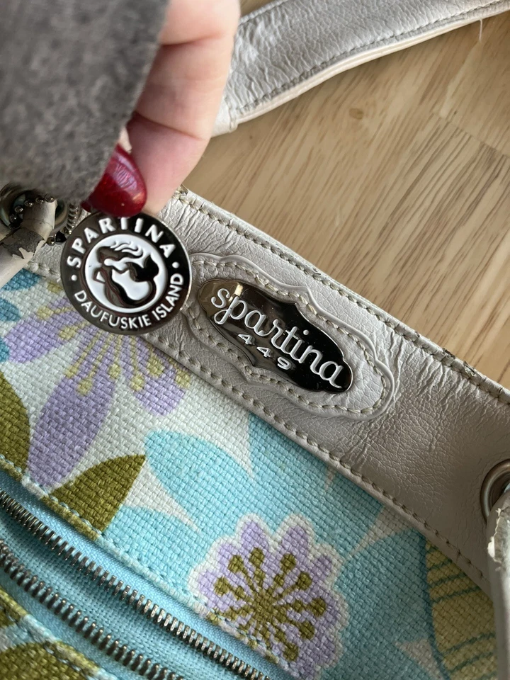 Bolso de Mano Spartina 449 Lino Cuero Correas Daufuskie Island Floral A Presión Usado en Excelente Condición Foto 4 de 4