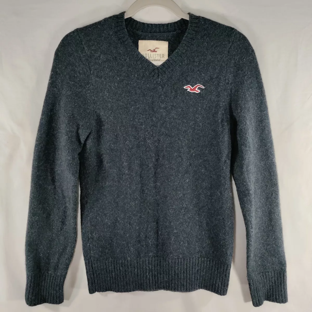 Hollister V Neck Wool Blend Sweater Mens Size S Gray Pullover Long Sleeve