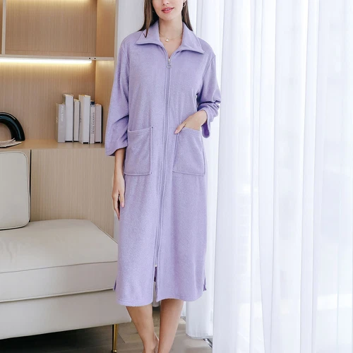 Women's Full Zip Robe 3/4 Sleeve Soft Terry Cloth Comfy Pockets House Coat - Picture 34 of 44