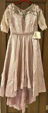 Lace Applique Mother of The Bride Dress Sleeves Cowl Neck Hi Low.