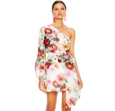 NWT La Maison Talulah Garland Mini Dress Womens Small Cream Red One Shoulder NEW