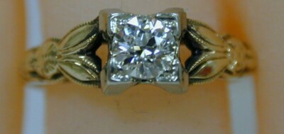 Antique 14K Rose Gold .36 CT Mine Cut Diamond Engagement Ring~Floral Split Shank