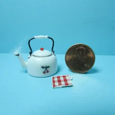Dollhouse Miniature Cherry Design Tea Pot with Steam and Potholder CAR1552
