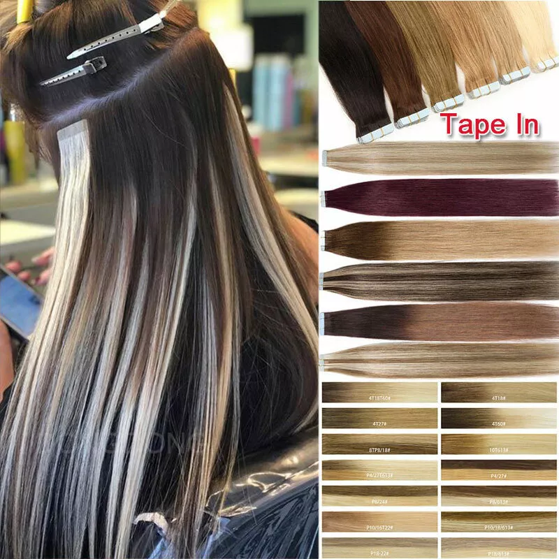 Invisible Tape In Real Human Hair Extensions Full Head Skin Weft