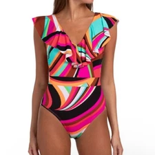 NWT Trina Turk Swoop Ruffle Plunge One Piece Size 8 Stripe Colorful Resortwear