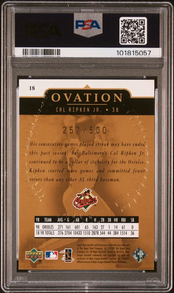1999 Upper Deck Standing Ovation Cal Ripken Jr. Ser.#D/500 PSA 8 Orioles HOF - Image 2 of 3