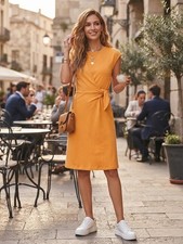 Nine West, Women's Short Sleeve Side-Knot Knit Dress, Fall Mustard Orange, Sz M