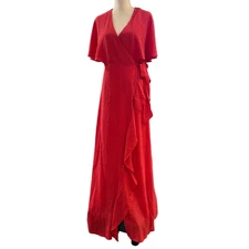 Halston Poppy Red Salmon Wrap Maxi Dress Size M Elegant Wedding Guest Bridesmaid