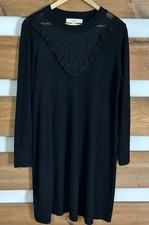 LOFT Wool Blend Solid Black Long Sleeve Sweater Dress Swiss Dot Neck Accent L