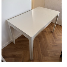 White IKEA Dining Table & Chairs Set, Grey Cushions, Seats 4 when extended