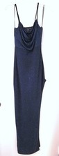 Windsor Long Gown Navy Blue Glitter Cowl Neck Stretch Side Slit Size M
