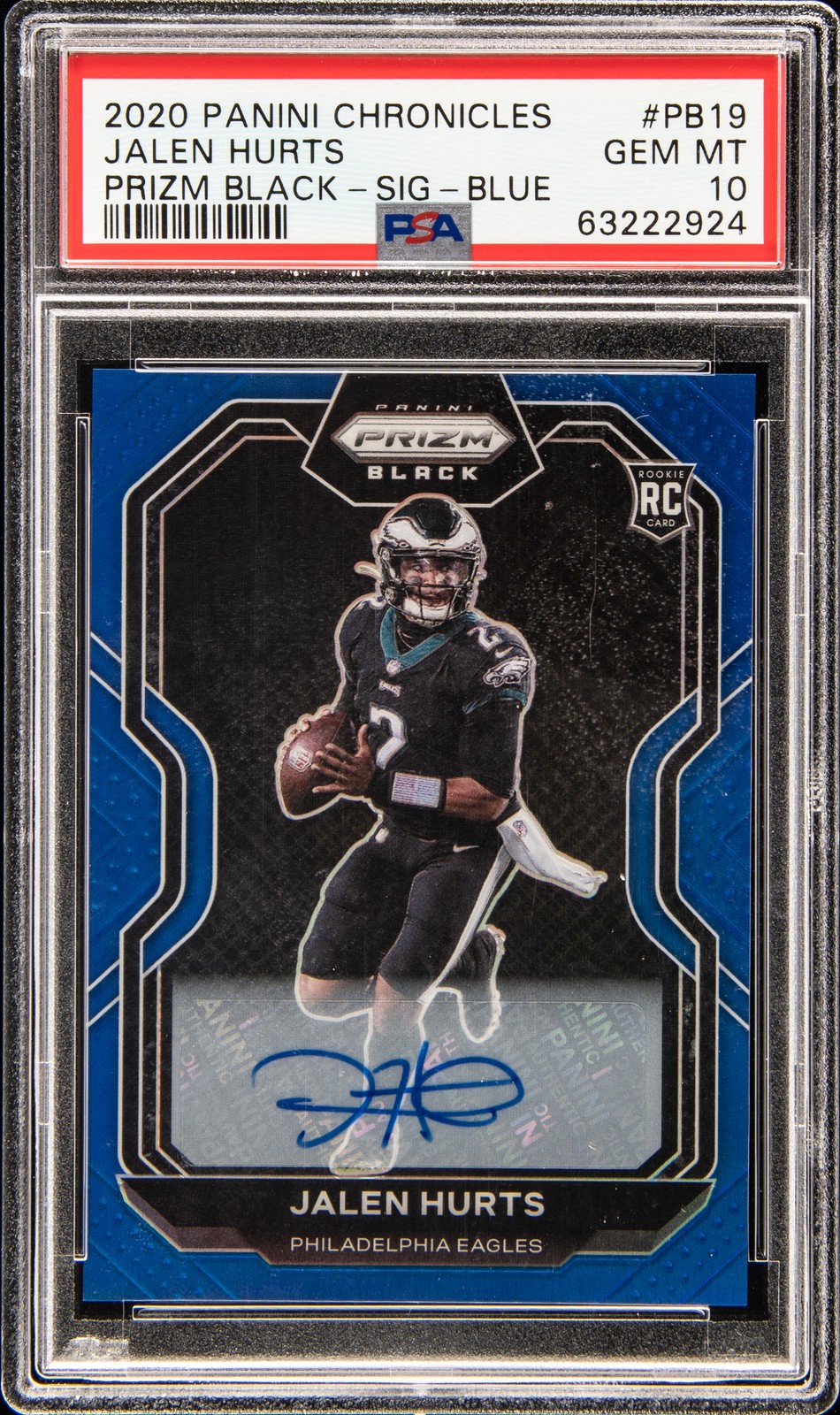2020 PANINI CHRONICLES PRIZM BLACK SIG-BLUE #PB19 JALEN HURTS 4/25 PSA 10