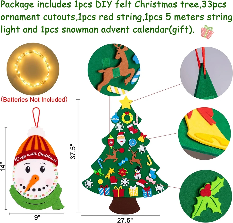 3Ft DIY Felt Christmas Tree Set + Snowman Advent Calendar - Xmas Decorations Wal - Image 4 of 4