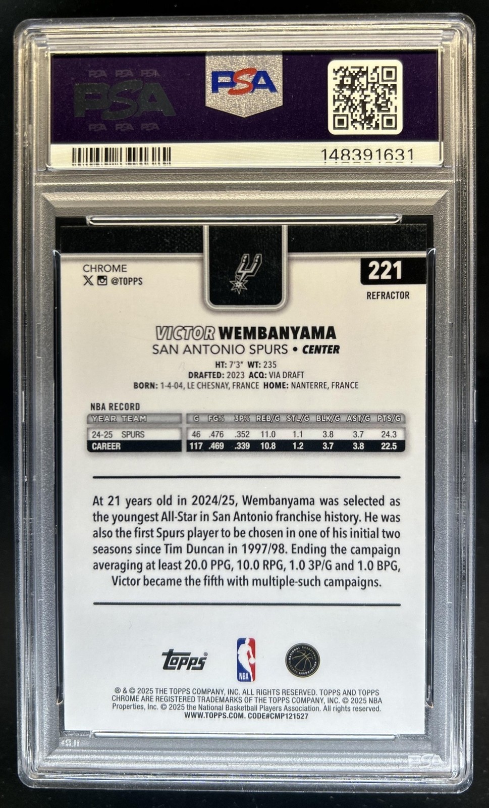 2025-26 Topps Chrome Victor Wembanyama Refractor #221 Spurs PSA 8 view 2