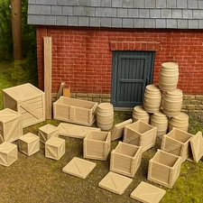 O Scale 1:48 Crates & Barrels Set – 3D Printed Scenery – 25-Piece Rustic Freight