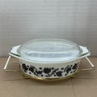 Vintage Pyrex Black Tulip Casserole Dish with Lid & Metal Cradle 1.5 Qt USA