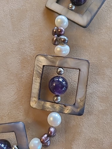 Hand Carved Mother Of Pearl, Pearls Peacock Pearls Glass Amethyst Beads Necklace - Picture 9 of 10
