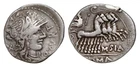 Q. Curtius and M. Silanus. Denarius 116-115 AR 3.8g Q·CVRT Helmeted head Roma