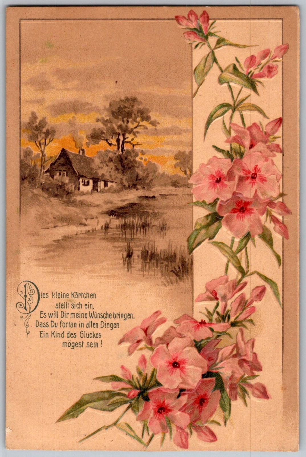 Antique Postcard Floral Cottage Scene DE 1910s